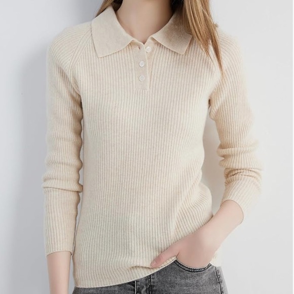 Merino Wool Beige Polo Neck Sweater - Picture 3 of 4